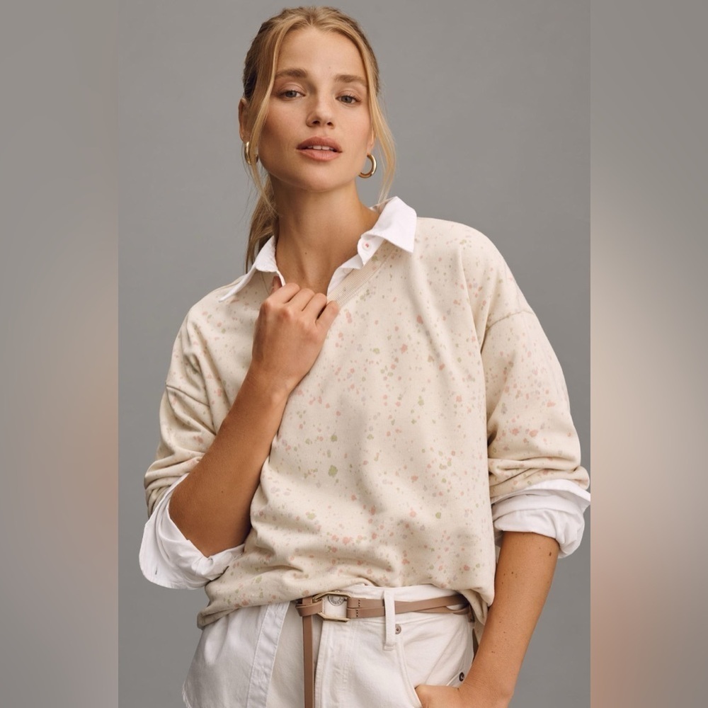 By ANTHROPOLOGIE Paint Splatter Long Sleeve Top Crew Sweatshirt Ivory Small